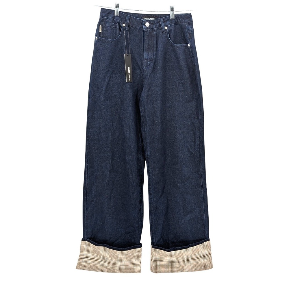 NWT Wide Leg‎ Jeans Plaid Cuff Dark Wash High Rise Size 7 contrast streetwear